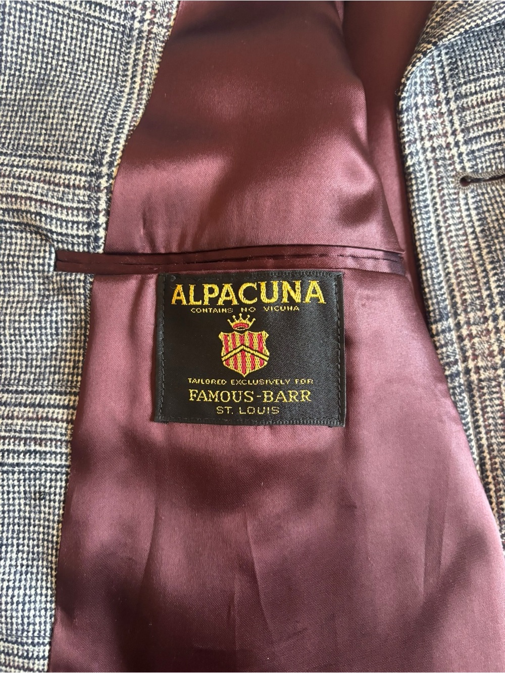 70s Vtg Plaid OverCoat Mens ALPACUNA Famous-Barr Alpaca Wool Blend Approx 46R - Picture 7 of 12